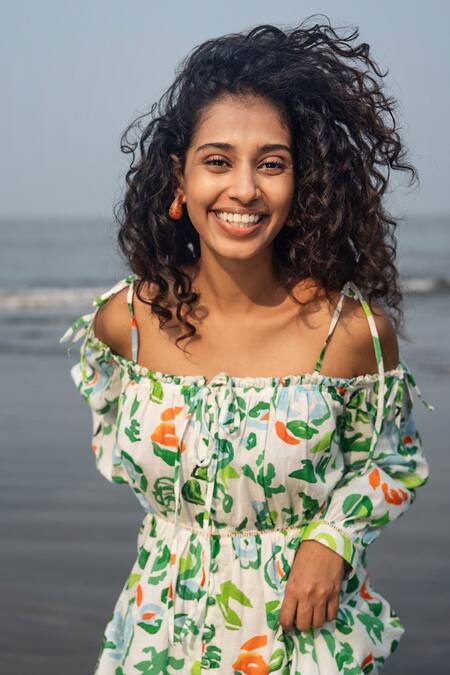 RAAS LIFE_Green Linen, Cotton Off-shoulder Hand Painted Floral Midi Dress _Online_at_Aza_Fashions