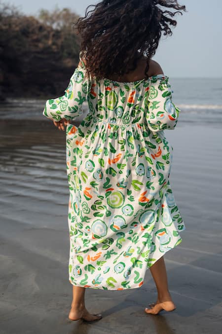 Shop_RAAS LIFE_Green Linen, Cotton Off-shoulder Hand Painted Floral Midi Dress _at_Aza_Fashions