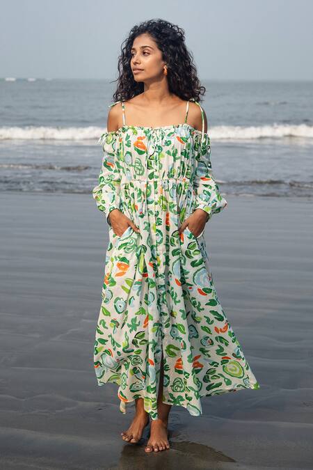 Shop_RAAS LIFE_Green Linen, Cotton Off-shoulder Hand Painted Floral Midi Dress _Online_at_Aza_Fashions