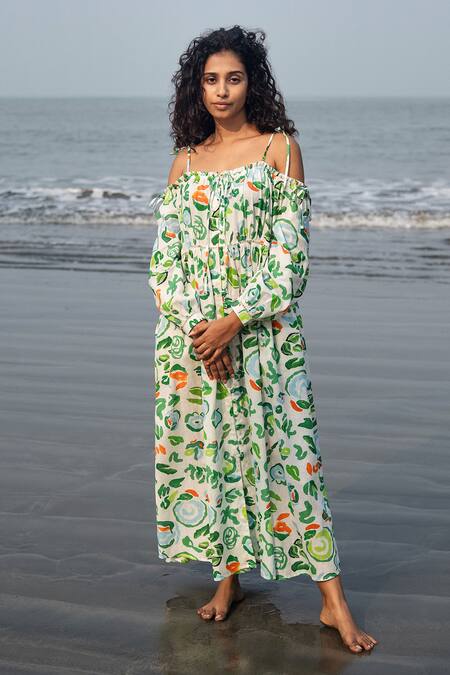 RAAS LIFE_Green Linen, Cotton Off-shoulder Hand Painted Floral Midi Dress _at_Aza_Fashions