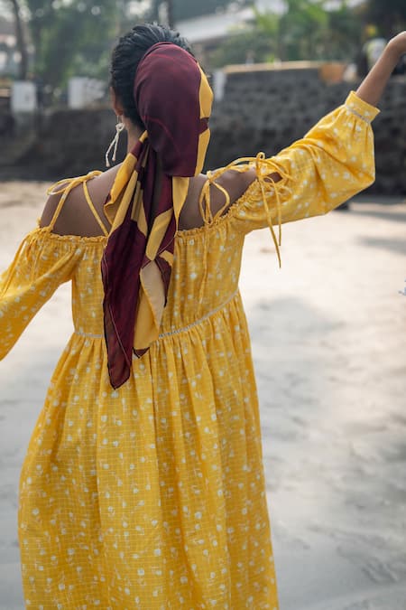 Shop_RAAS LIFE_Yellow Cotton Hand Painted Floral Midi Dress _at_Aza_Fashions