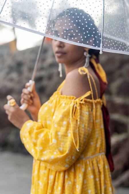 RAAS LIFE_Yellow Cotton Hand Painted Floral Midi Dress _Online_at_Aza_Fashions