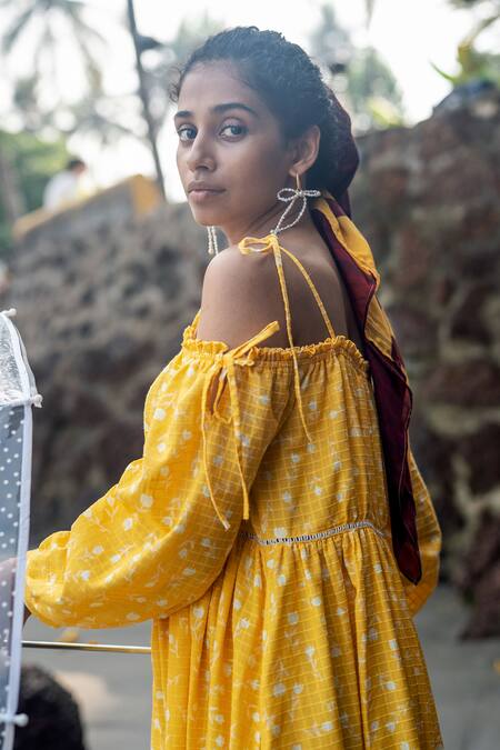 Buy_RAAS LIFE_Yellow Cotton Hand Painted Floral Midi Dress _Online_at_Aza_Fashions