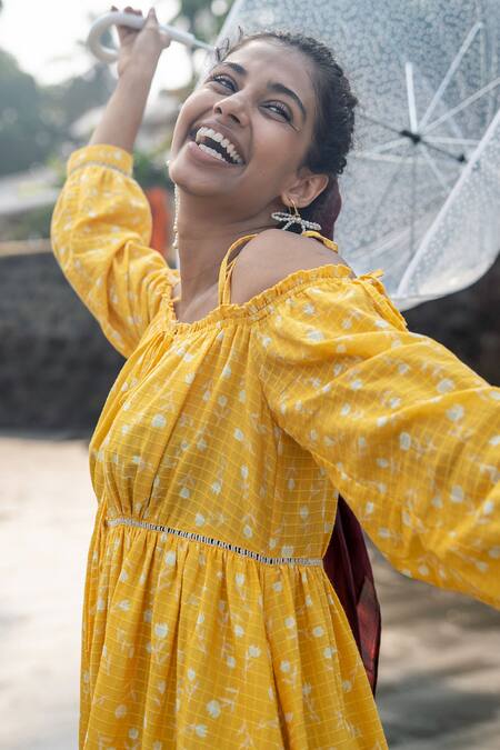 Shop_RAAS LIFE_Yellow Cotton Hand Painted Floral Midi Dress _Online_at_Aza_Fashions