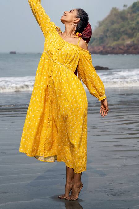 RAAS LIFE_Yellow Cotton Hand Painted Floral Midi Dress _at_Aza_Fashions
