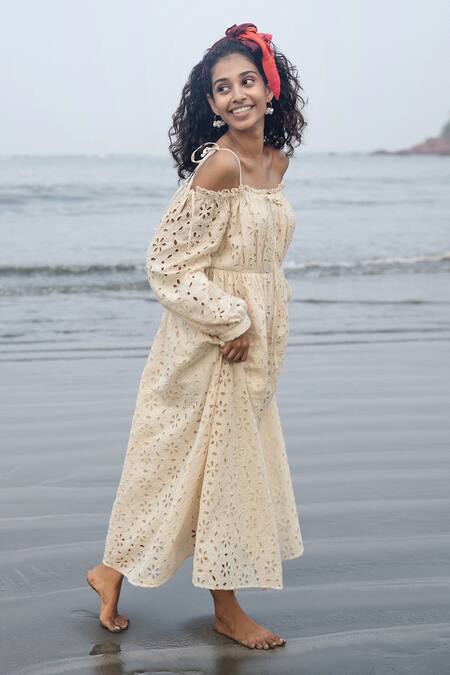 RAAS LIFE_Cream Cut Work Off-shoulder Hakoba Embroidered Tie-up Midi Dress _Online_at_Aza_Fashions