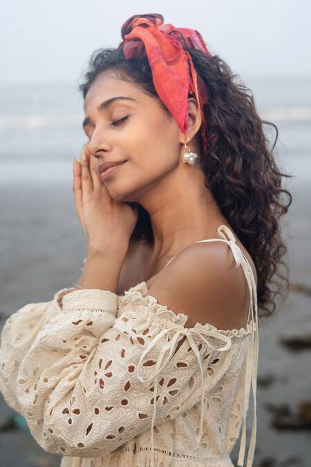 Buy_RAAS LIFE_Cream Cut Work Off-shoulder Hakoba Embroidered Tie-up Midi Dress _Online_at_Aza_Fashions