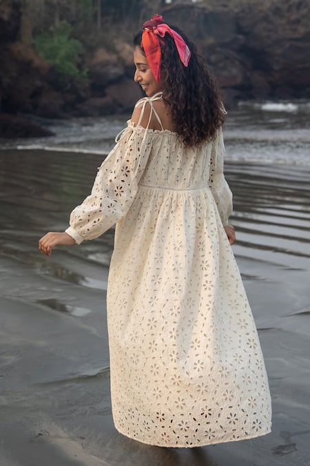 Shop_RAAS LIFE_Cream Cut Work Off-shoulder Hakoba Embroidered Tie-up Midi Dress _at_Aza_Fashions