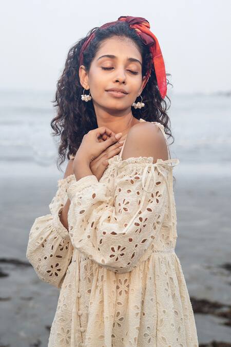 Shop_RAAS LIFE_Cream Cut Work Off-shoulder Hakoba Embroidered Tie-up Midi Dress _Online_at_Aza_Fashions