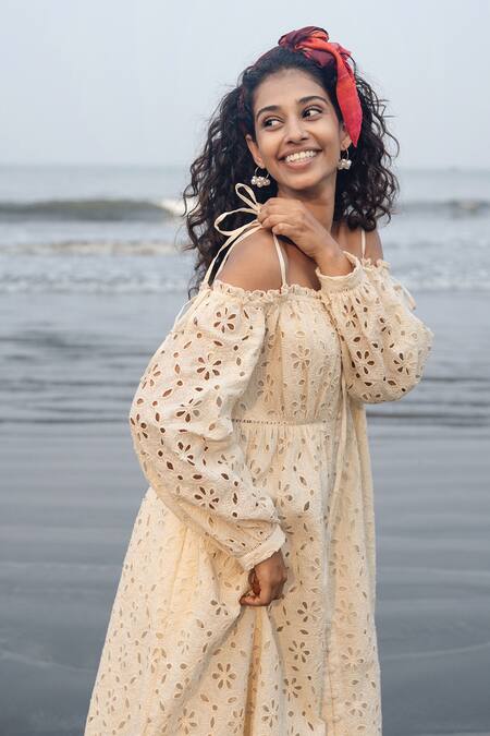 RAAS LIFE_Cream Cut Work Off-shoulder Hakoba Embroidered Tie-up Midi Dress _at_Aza_Fashions