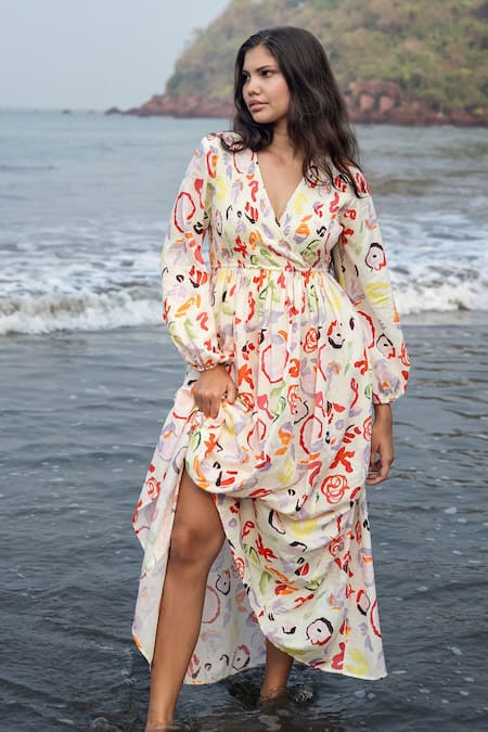 Raas Life_Multi Color Linen, Cotton V-neck Floral Print Smocked Midi Dress _Online_at_Aza_Fashions