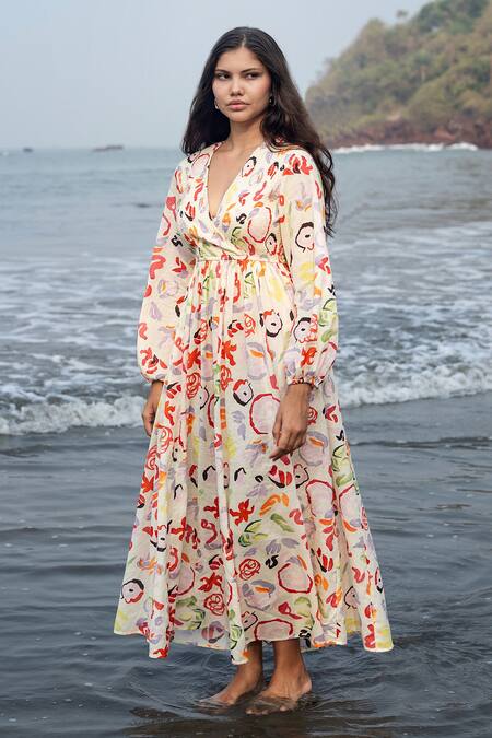 Buy_Raas Life_Multi Color Linen, Cotton V-neck Floral Print Smocked Midi Dress _Online_at_Aza_Fashions
