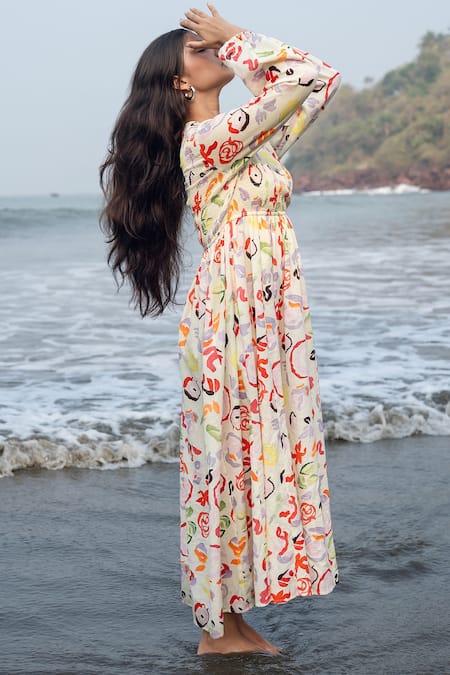 Shop_Raas Life_Multi Color Linen, Cotton V-neck Floral Print Smocked Midi Dress _Online_at_Aza_Fashions