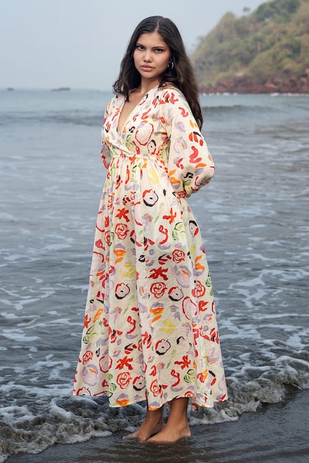 Shop_Raas Life_Multi Color Linen, Cotton V-neck Floral Print Smocked Midi Dress _at_Aza_Fashions