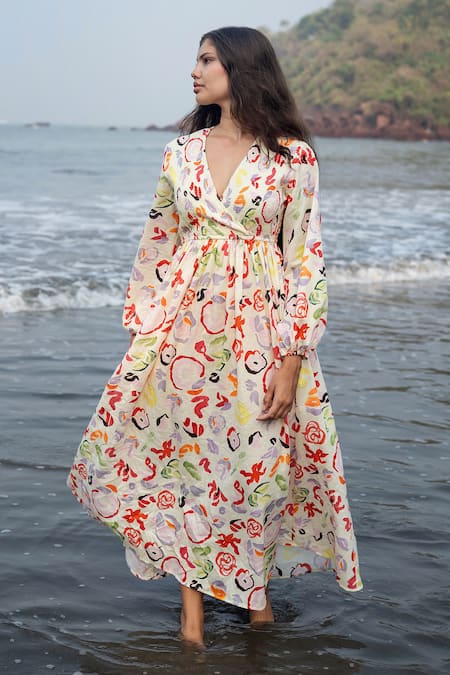 Raas Life_Multi Color Linen, Cotton V-neck Floral Print Smocked Midi Dress _at_Aza_Fashions