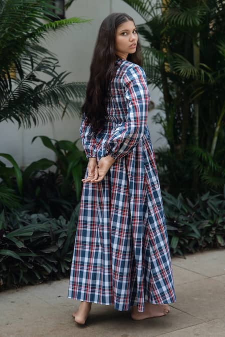 Shop_Raas Life_Blue V-neck Madras Checks Roosh Dress _at_Aza_Fashions