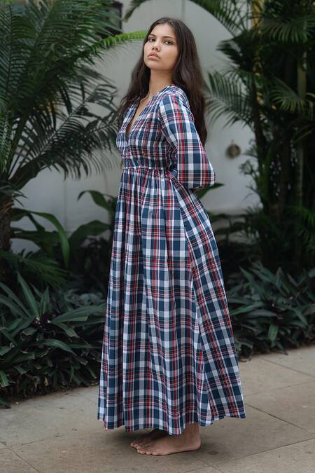 Buy_Raas Life_Blue V-neck Madras Checks Roosh Dress _Online_at_Aza_Fashions