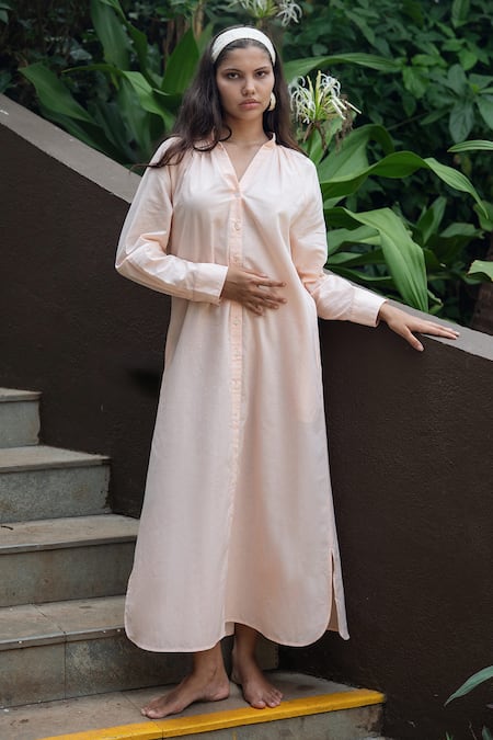 Shop_Raas Life_Peach Linen, Cotton Collared Cosy Midi Dress _at_Aza_Fashions