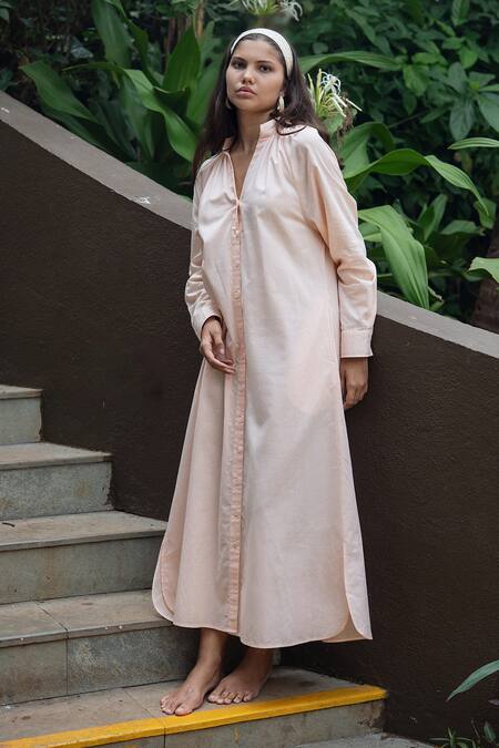 Buy_Raas Life_Peach Linen, Cotton Collared Cosy Midi Dress _Online_at_Aza_Fashions