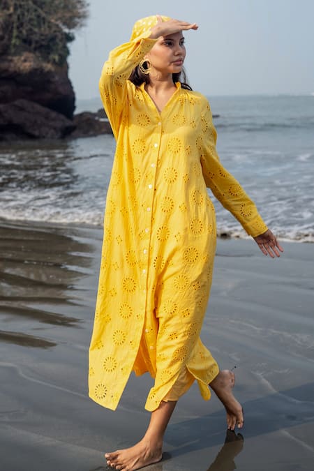 Raas Life_Yellow Embroidery Collared Hakoba Midi Dress _Online_at_Aza_Fashions
