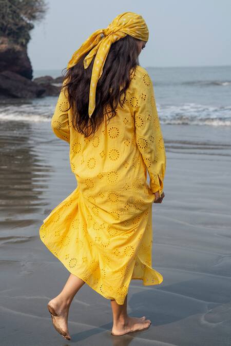 Shop_Raas Life_Yellow Embroidery Collared Hakoba Midi Dress _at_Aza_Fashions