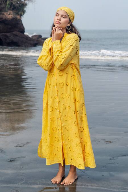 Buy_Raas Life_Yellow Embroidery Collared Hakoba Midi Dress _Online_at_Aza_Fashions