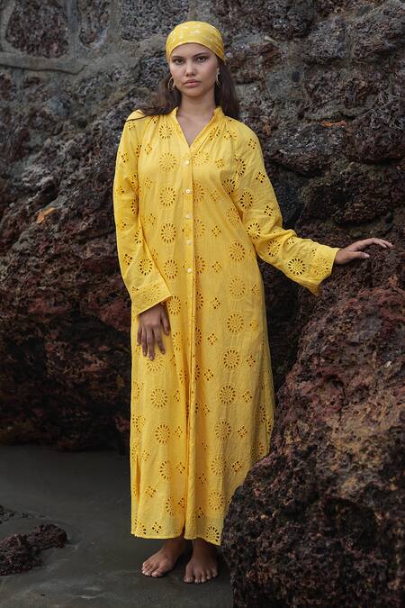 Raas Life_Yellow Embroidery Collared Hakoba Midi Dress _at_Aza_Fashions