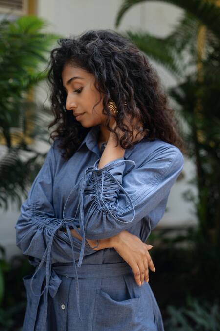 Raas Life_Navy Collared Front Open A Line Chambray Dress _Online_at_Aza_Fashions