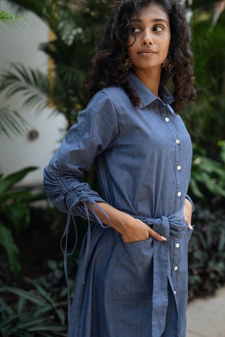 Buy_Raas Life_Navy Collared Front Open A Line Chambray Dress _Online_at_Aza_Fashions
