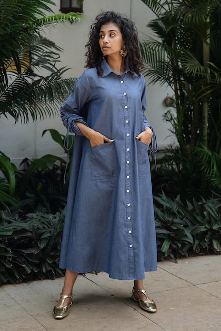 Shop_Raas Life_Navy Collared Front Open A Line Chambray Dress _at_Aza_Fashions
