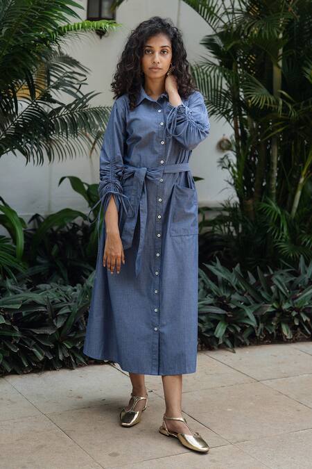 Shop_Raas Life_Navy Collared Front Open A Line Chambray Dress _Online_at_Aza_Fashions