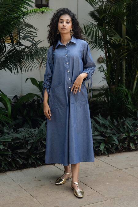 Raas Life_Navy Collared Front Open A Line Chambray Dress _at_Aza_Fashions