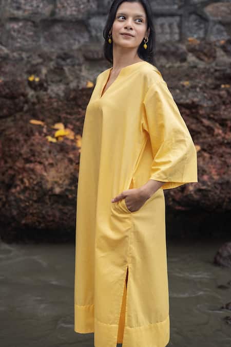 Raas Life_Yellow Linen, Cotton Split V-neck Box Fit Midi Dress _Online_at_Aza_Fashions