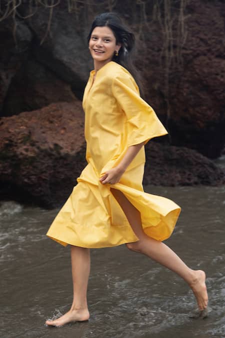 Buy_Raas Life_Yellow Linen, Cotton Split V-neck Box Fit Midi Dress _Online_at_Aza_Fashions