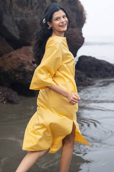 Shop_Raas Life_Yellow Linen, Cotton Split V-neck Box Fit Midi Dress _Online_at_Aza_Fashions