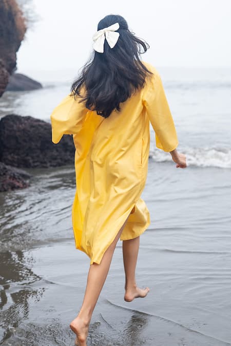 Shop_Raas Life_Yellow Linen, Cotton Split V-neck Box Fit Midi Dress _at_Aza_Fashions