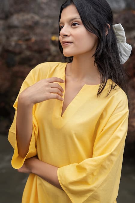 Raas Life_Yellow Linen, Cotton Split V-neck Box Fit Midi Dress _at_Aza_Fashions