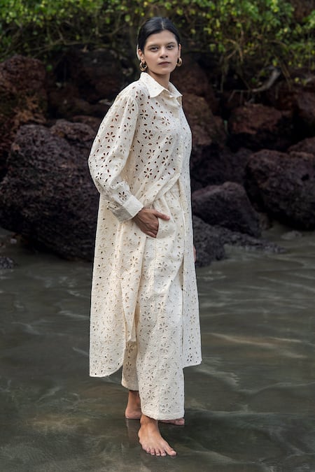 Raas Life_Cream Embroidery Collared Zinnia Hakoba Midi Dress _Online_at_Aza_Fashions