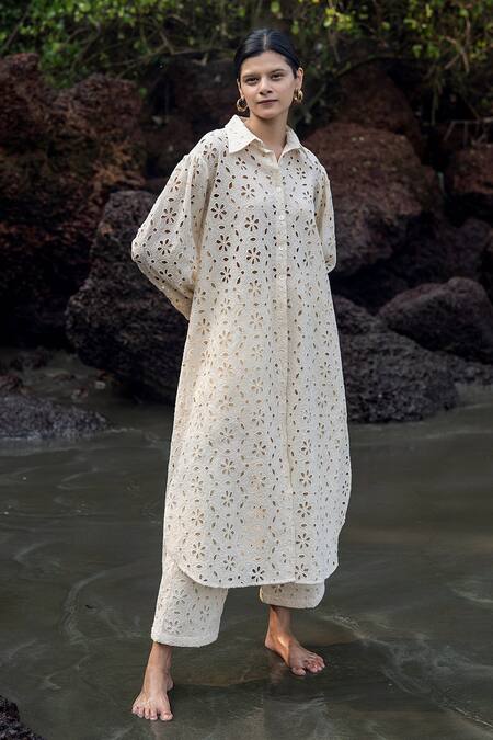 Shop_Raas Life_Cream Embroidery Collared Zinnia Hakoba Midi Dress _at_Aza_Fashions