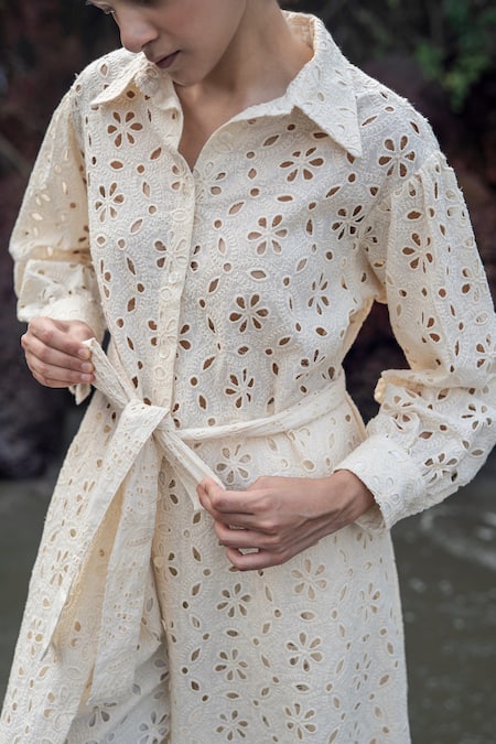 Buy_Raas Life_Cream Embroidery Collared Zinnia Hakoba Midi Dress _Online_at_Aza_Fashions