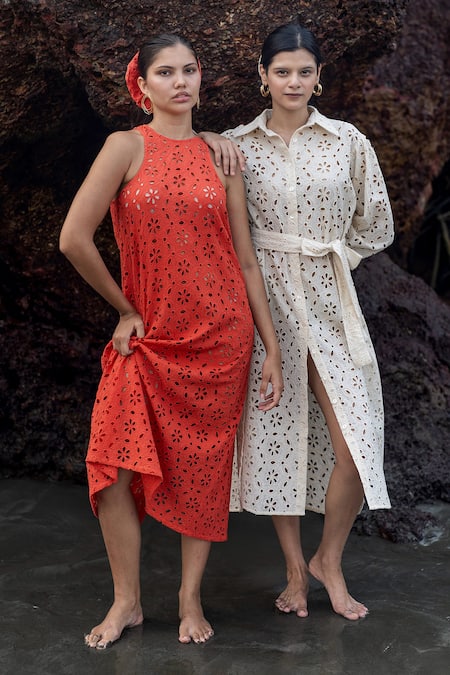 Shop_Raas Life_Cream Embroidery Collared Zinnia Hakoba Midi Dress _Online_at_Aza_Fashions
