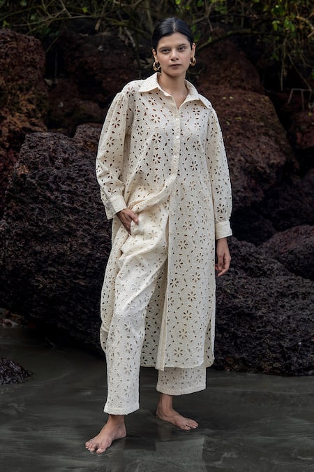 Shop_Raas Life_Cream Embroidery Collared Hakoba Tunic And Pants Set _at_Aza_Fashions