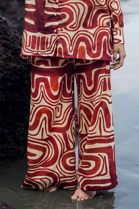 Raas Life_Maroon Cotton, Silk, Linen Collared Zombie Print Pant Set _Online_at_Aza_Fashions