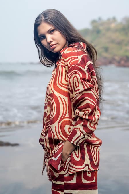 Buy_Raas Life_Maroon Cotton, Silk, Linen Collared Zombie Print Pant Set _Online_at_Aza_Fashions