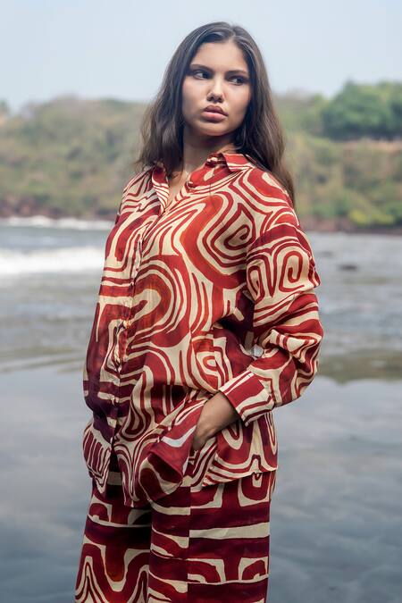 Shop_Raas Life_Maroon Cotton, Silk, Linen Collared Zombie Print Pant Set _Online_at_Aza_Fashions