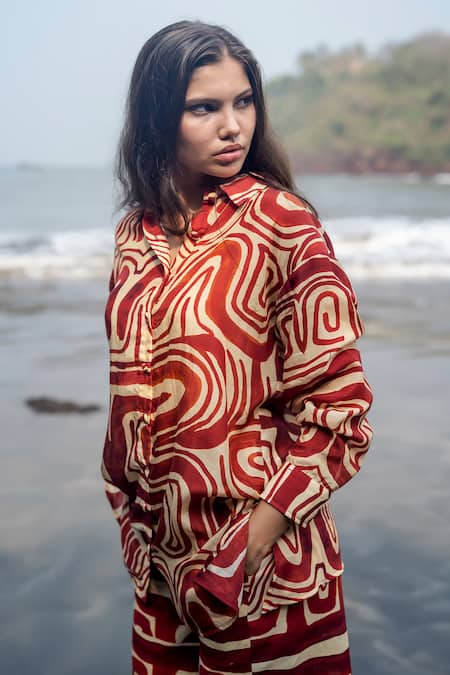 Raas Life_Maroon Cotton, Silk, Linen Collared Zombie Print Pant Set _at_Aza_Fashions