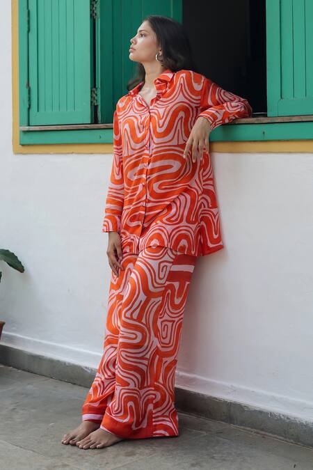 Shop_Raas Life_Orange Cotton, Silk, Linen Collared Zombie Print Pant Set _Online_at_Aza_Fashions