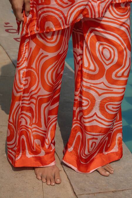 Raas Life_Orange Cotton, Silk, Linen Collared Zombie Print Pant Set _at_Aza_Fashions