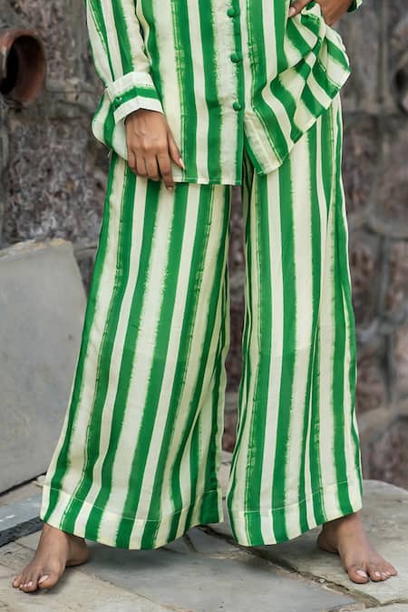 Raas Life_Green Cotton, Silk, Linen Collared Hand Painted Stripe Maira Coord Set _Online_at_Aza_Fashions