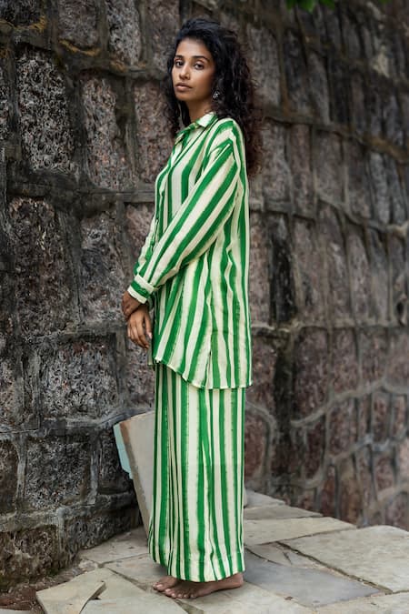 Shop_Raas Life_Green Cotton, Silk, Linen Collared Hand Painted Stripe Maira Coord Set _at_Aza_Fashions